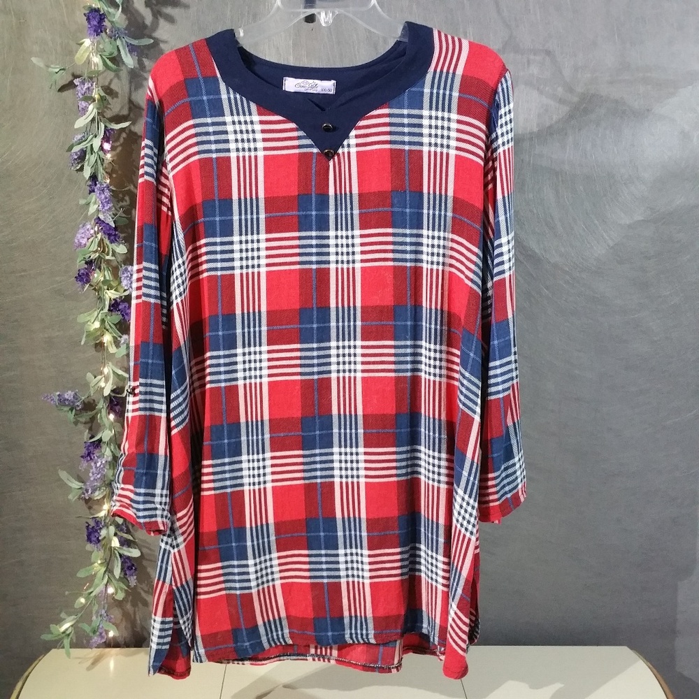 Genc Style  Long sleeve plaid Tunic Plus size